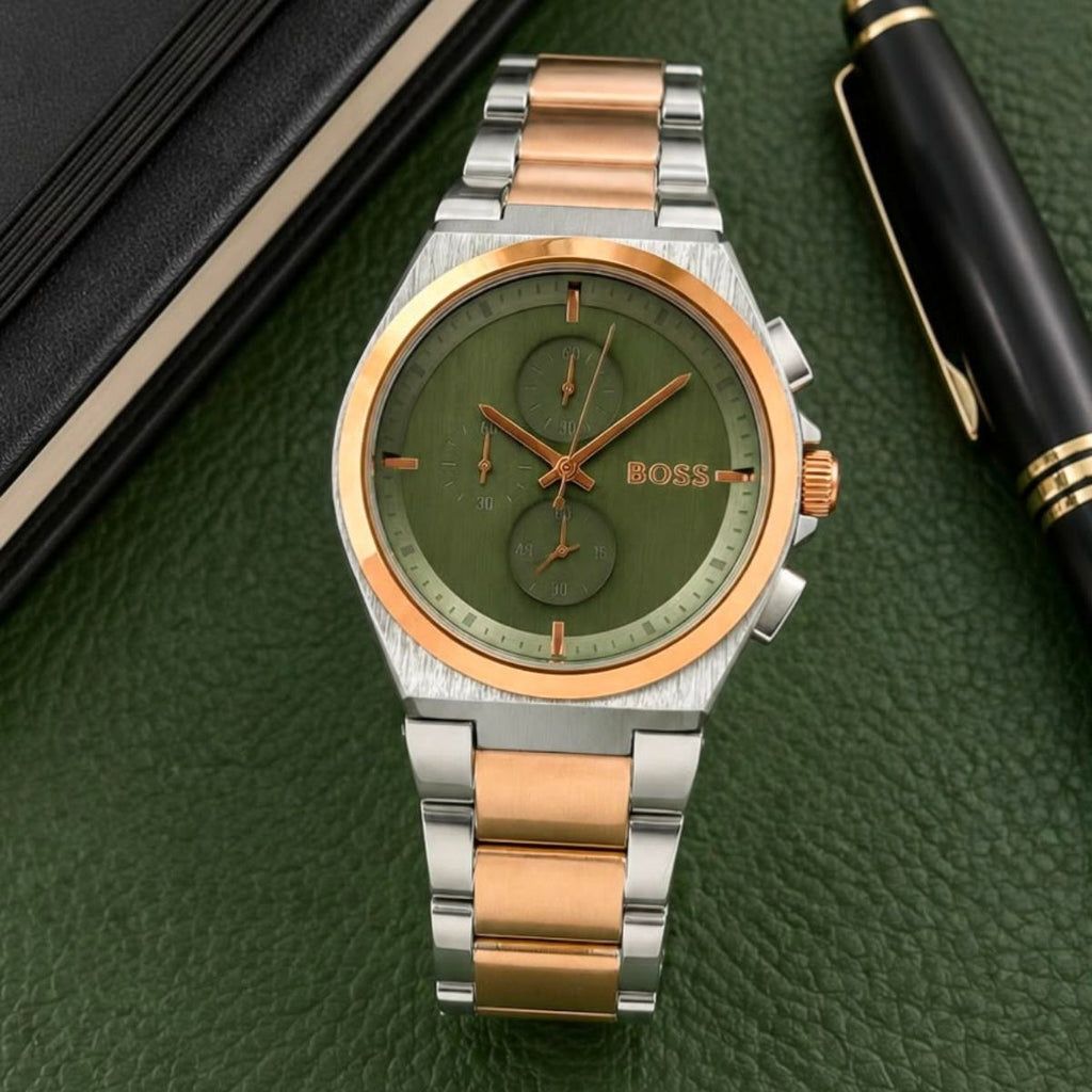 Hugo Bo_ss Men's Green Dial Two-Tone Stainless Steel Chronograph Watch