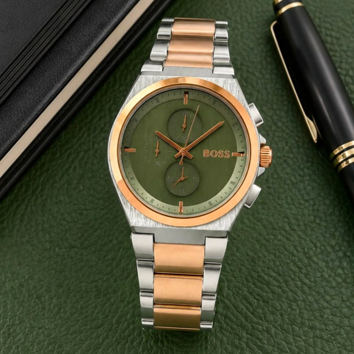Hugo Bo_ss Men's Green Dial Two-Tone Stainless Steel Chronograph Watch