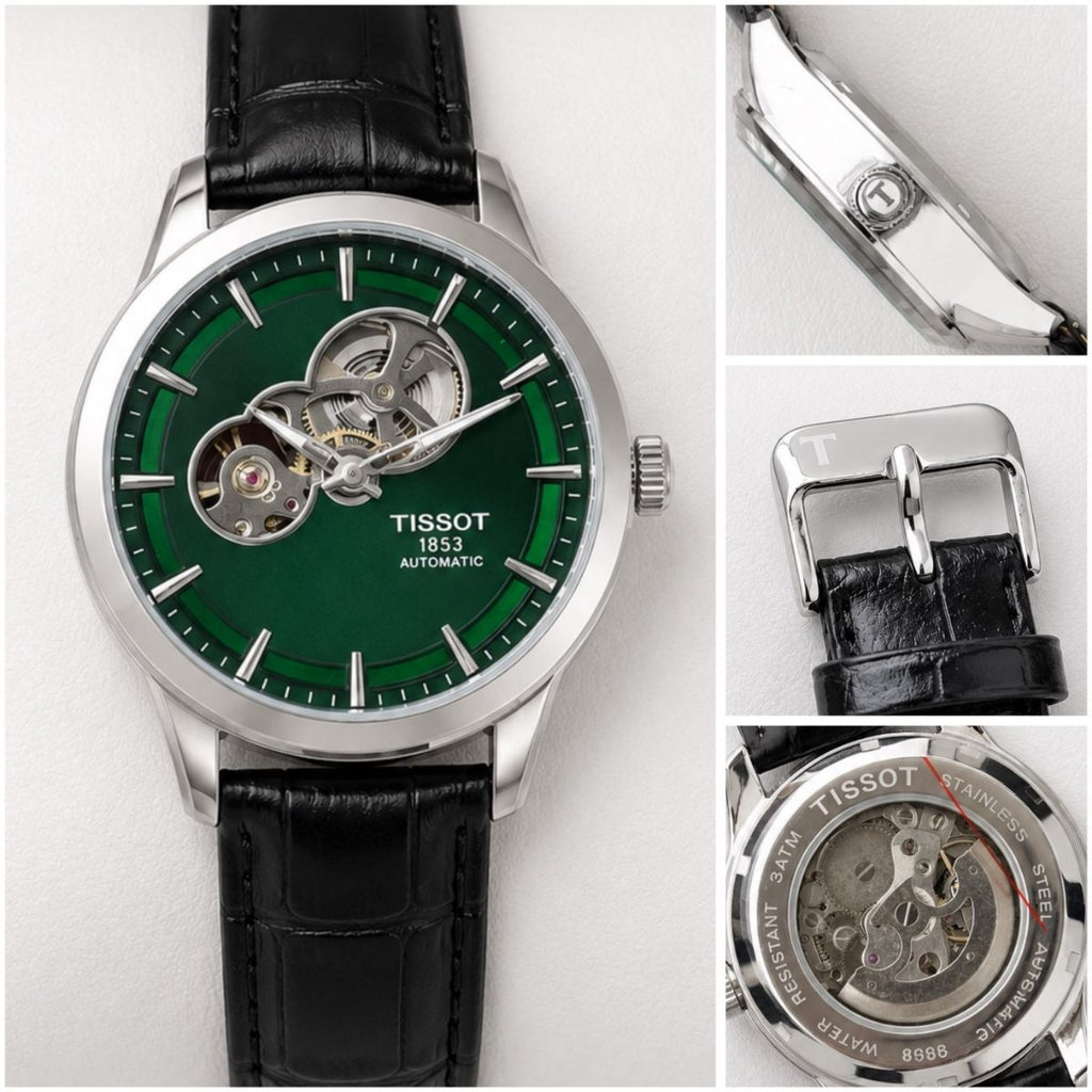 Tis_sot Powermatic Men's Automatic Green Dial Open Heart Leather Strap Watch