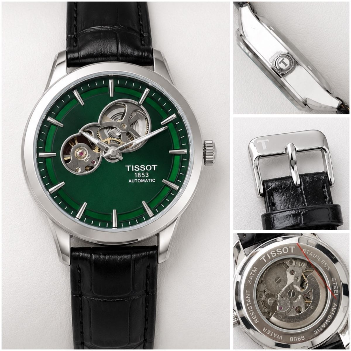 Tis_sot Powermatic Men's Automatic Green Dial Open Heart Leather Strap Watch