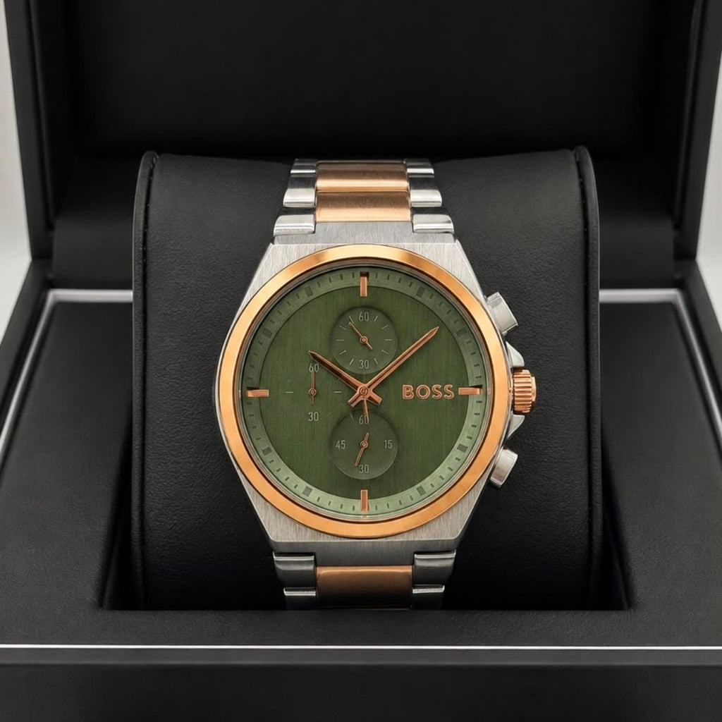 Hugo Bo_ss Men's Green Dial Two-Tone Stainless Steel Chronograph Watch