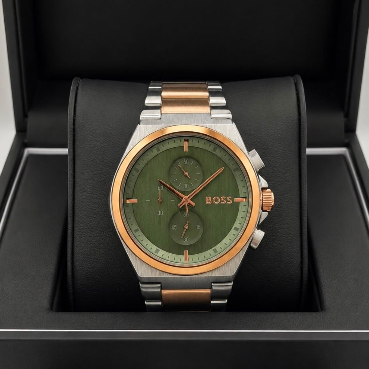 Hugo Bo_ss Men's Green Dial Two-Tone Stainless Steel Chronograph Watch