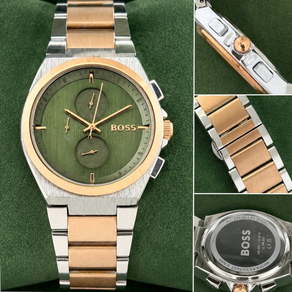 Hugo Bo_ss Men's Green Dial Two-Tone Stainless Steel Chronograph Watch
