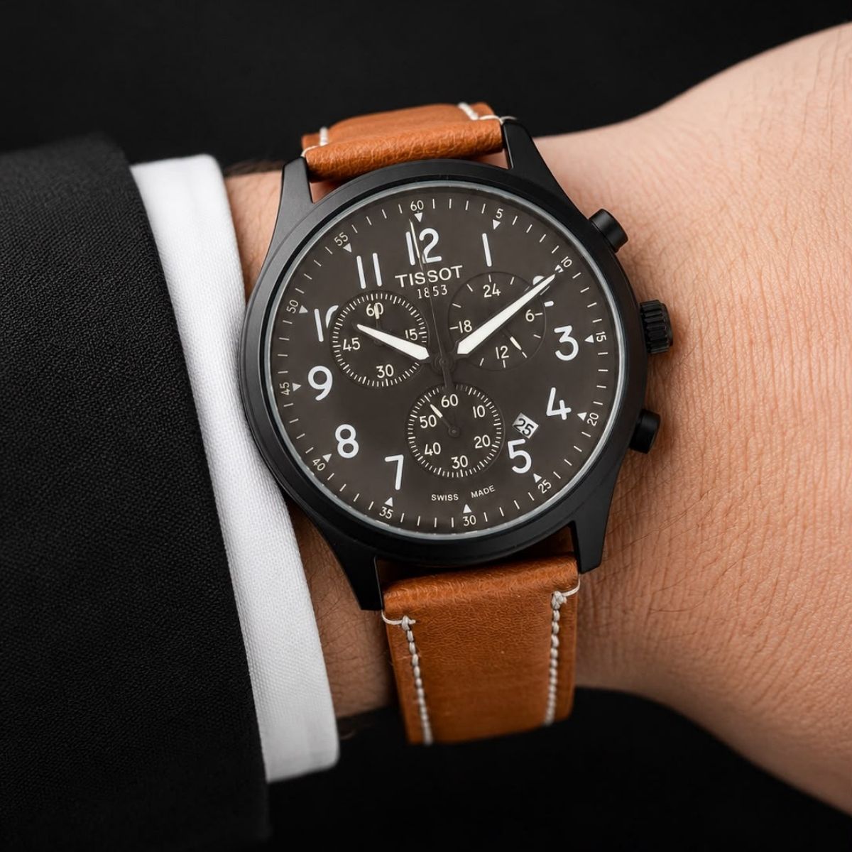 Tis_sot Men's Premium Chronograph Black Dial Tan Leather Strap Watch