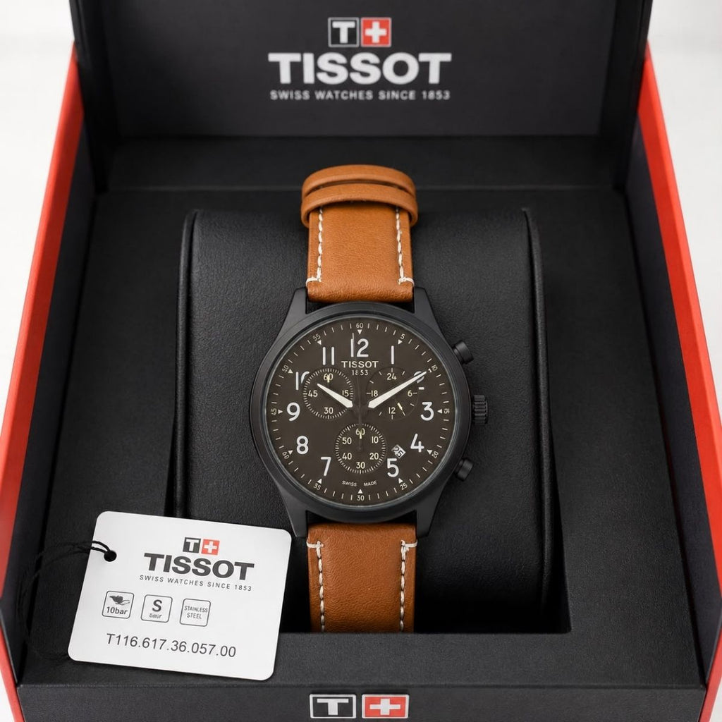 Tis_sot Men's Premium Chronograph Black Dial Tan Leather Strap Watch