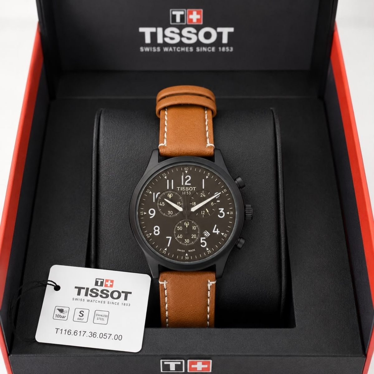 Tis_sot Men's Premium Chronograph Black Dial Tan Leather Strap Watch