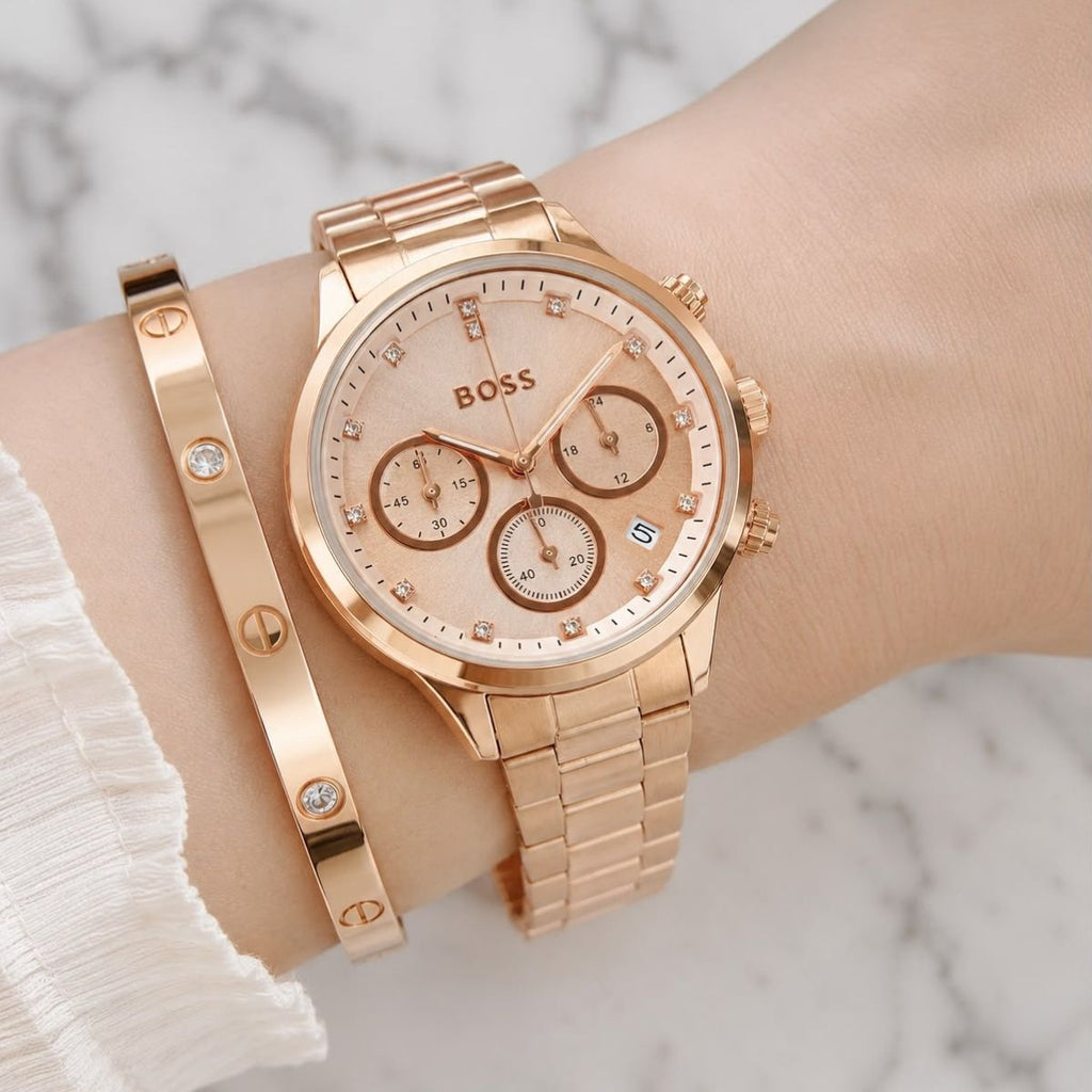 BO_SS Women's Rose Gold Chronograph Bracelet Watch with Crystal Dial