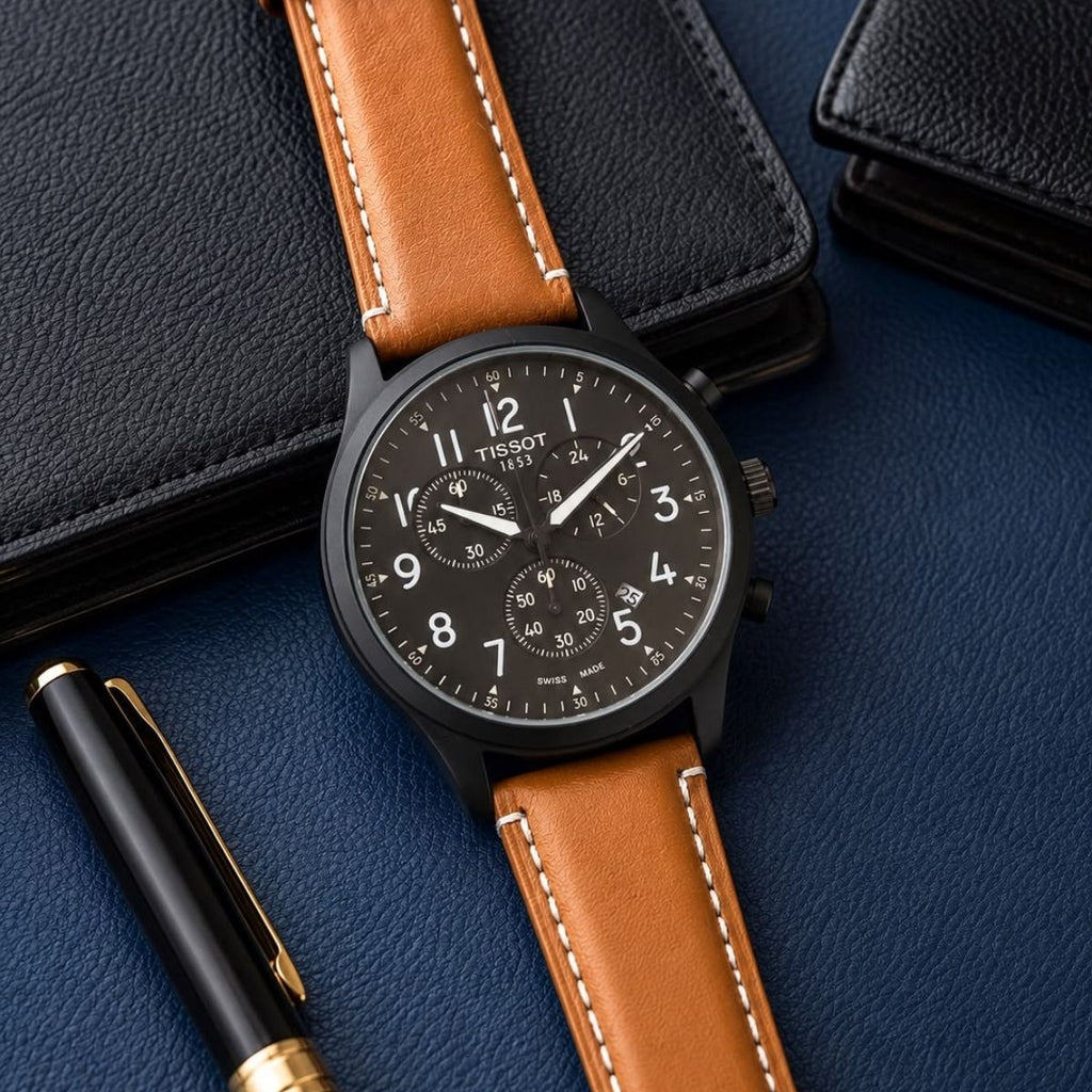 Tis_sot Men's Premium Chronograph Black Dial Tan Leather Strap Watch