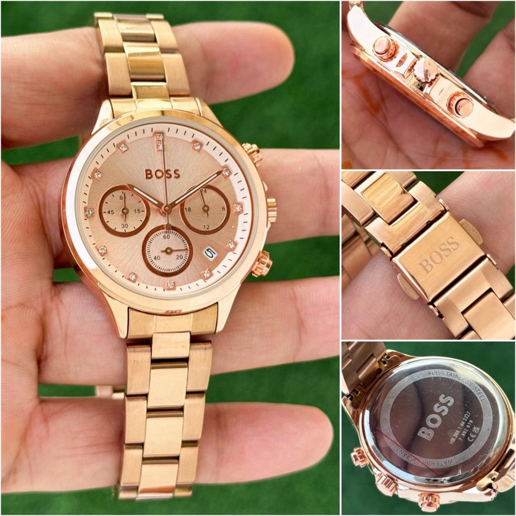 BO_SS Women's Rose Gold Chronograph Bracelet Watch with Crystal Dial