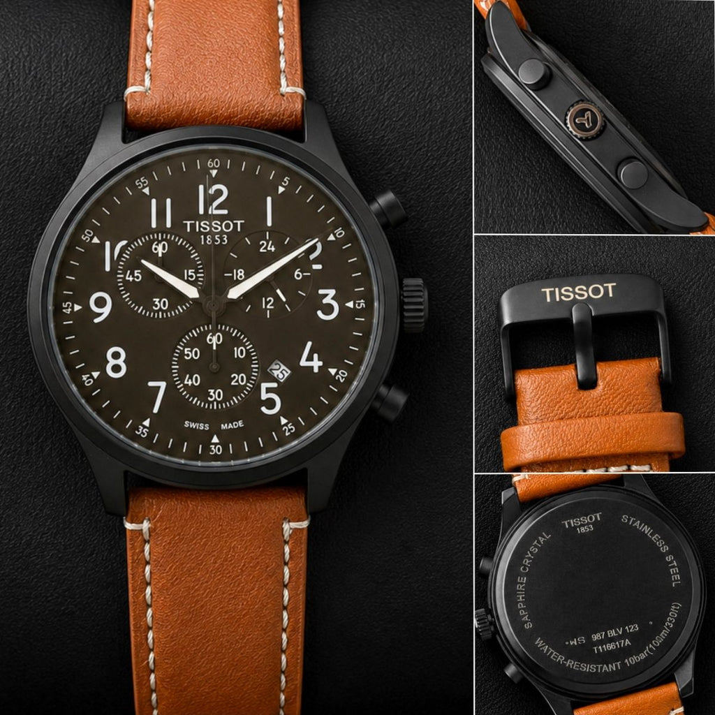 Tis_sot Men's Premium Chronograph Black Dial Tan Leather Strap Watch