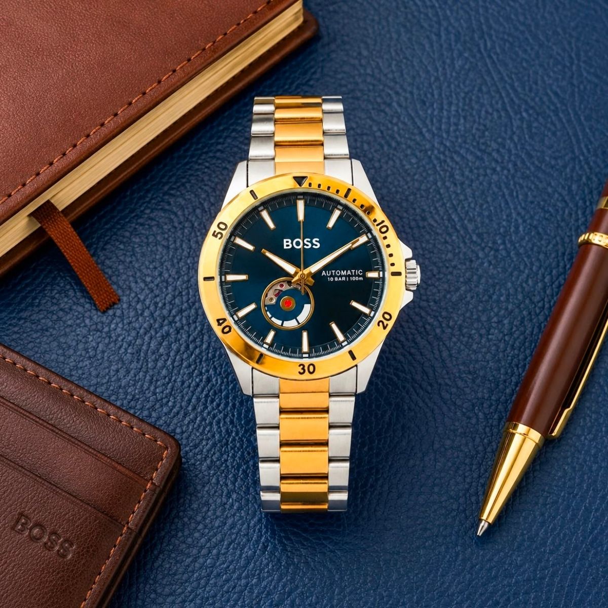 BO_SS Men's Blue Dial Two-Tone Automatic Open Heart Watch