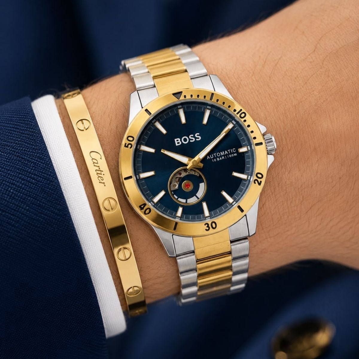 BO_SS Men's Blue Dial Two-Tone Automatic Open Heart Watch
