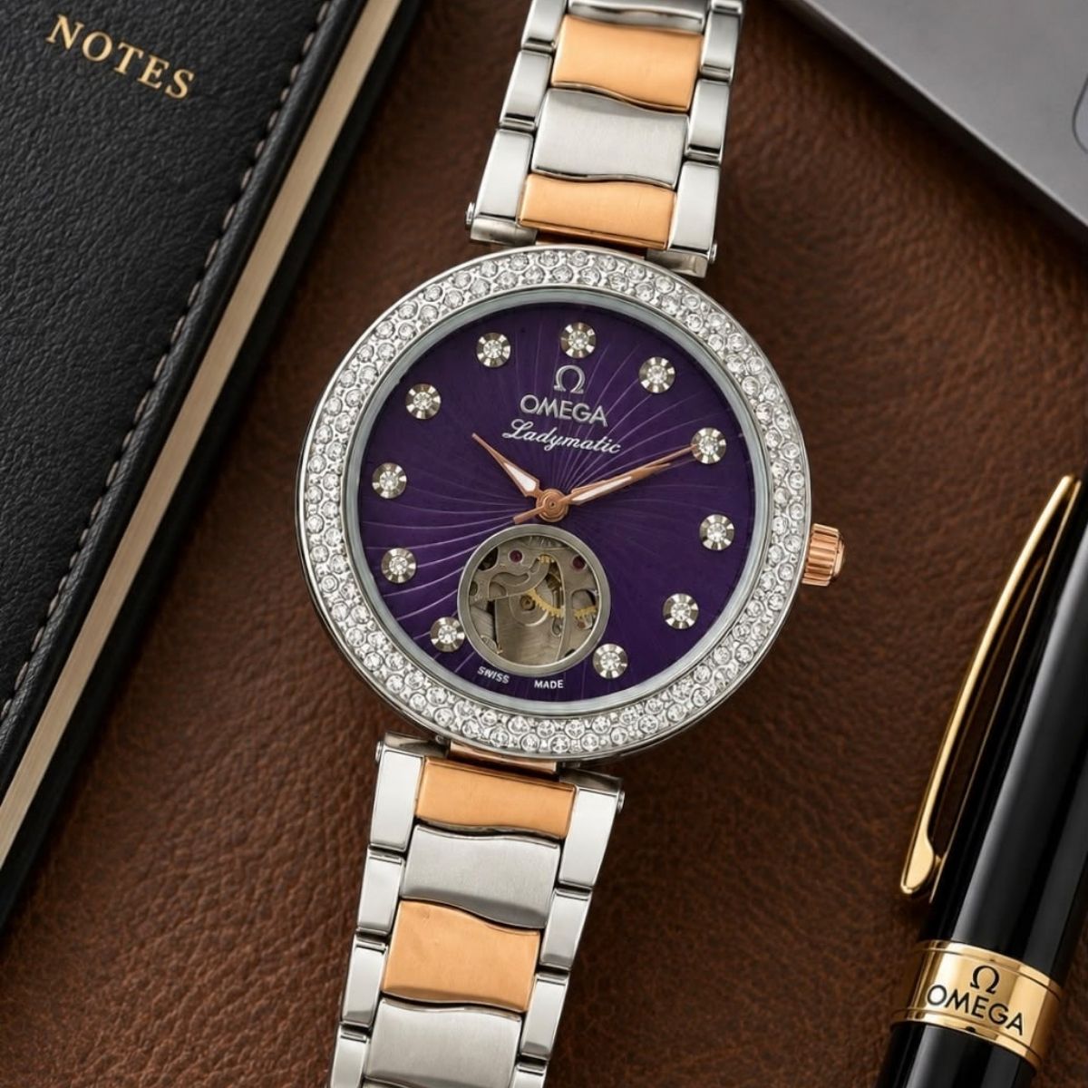 Om_ega Ladymatic Women's Automatic Purple Dial Two-Tone Watch