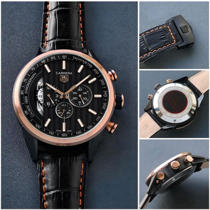 TAG He_uer Carrera Black Dial Black Leather Chronograph Watch