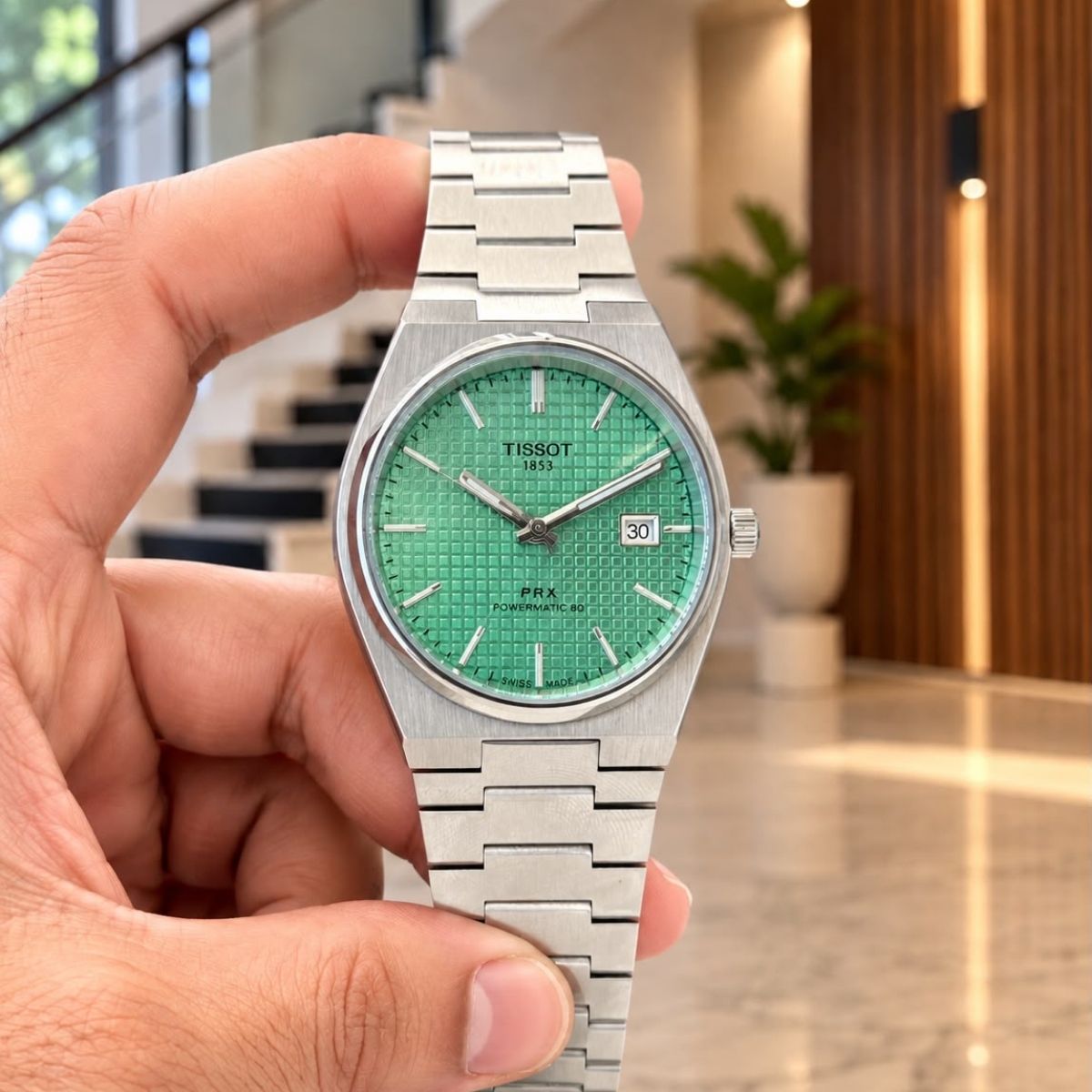 Tis_sot PRX Powermatic 80 Men's Silver Watch with Green Textured Dial