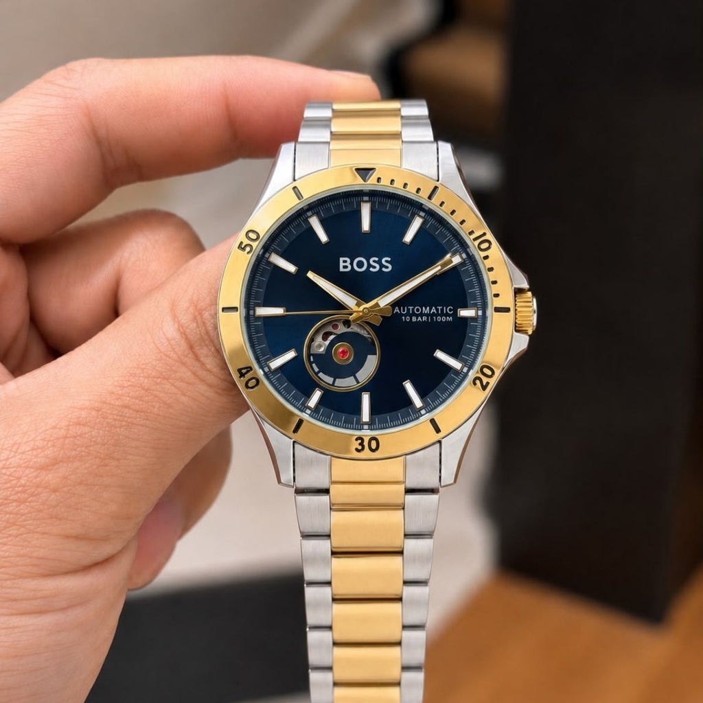 BO_SS Men's Blue Dial Two-Tone Automatic Open Heart Watch
