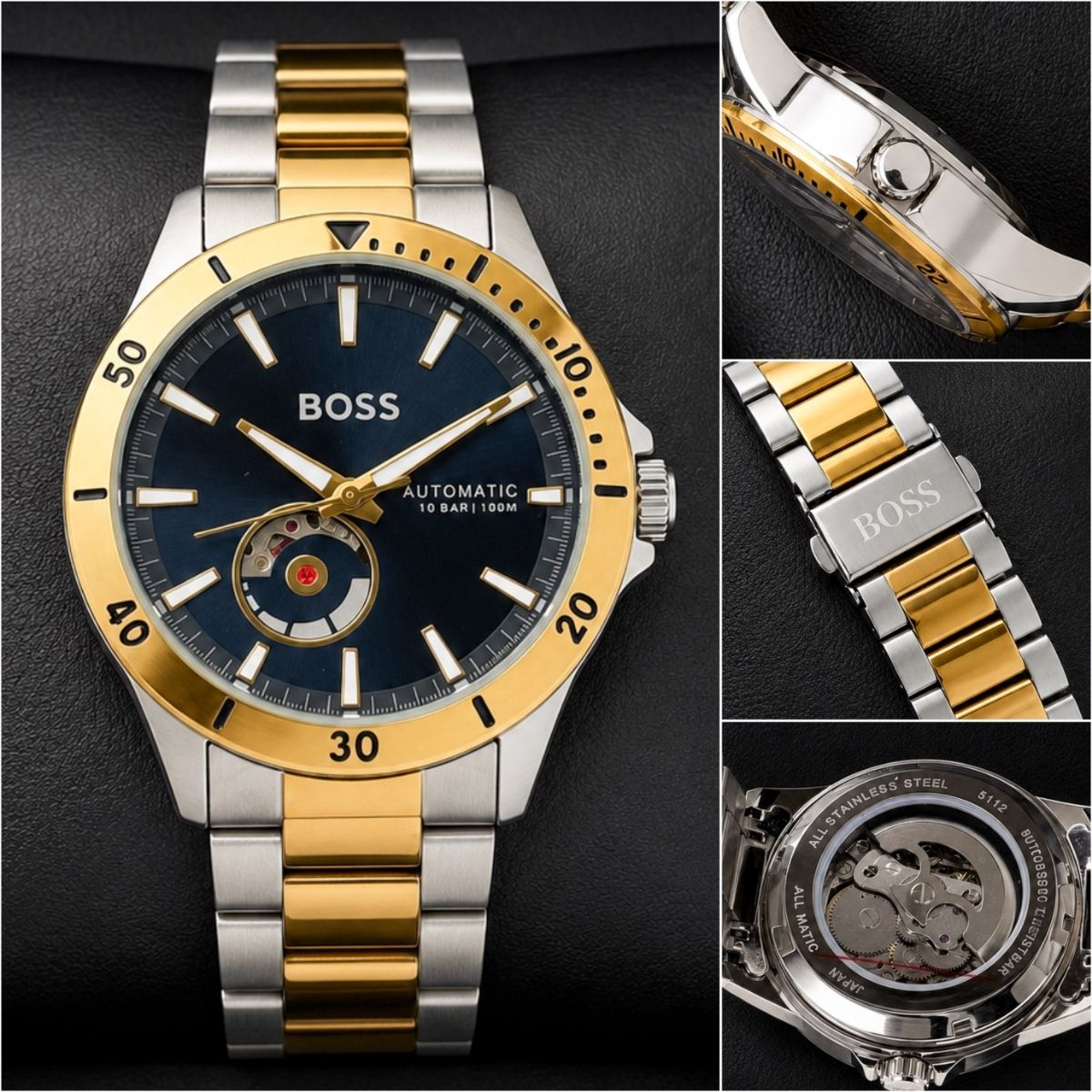 BO_SS Men's Blue Dial Two-Tone Automatic Open Heart Watch