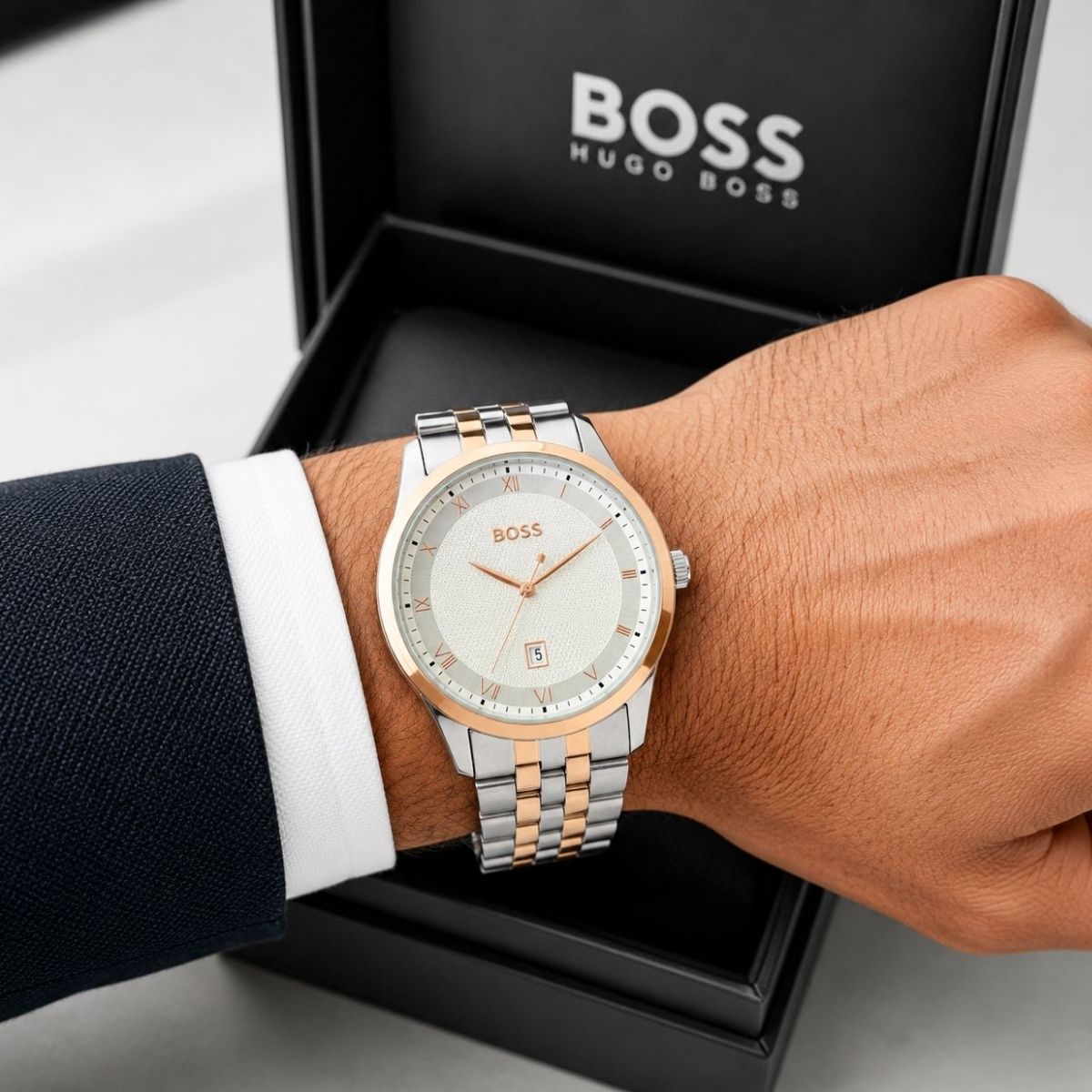 Hugo Bo_ss Men's White Dial Two-Tone Stainless Steel Date Watch
