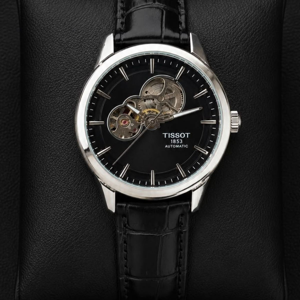 Tis_sot Powermatic Men's Automatic Black Dial Open Heart Leather Strap Watch