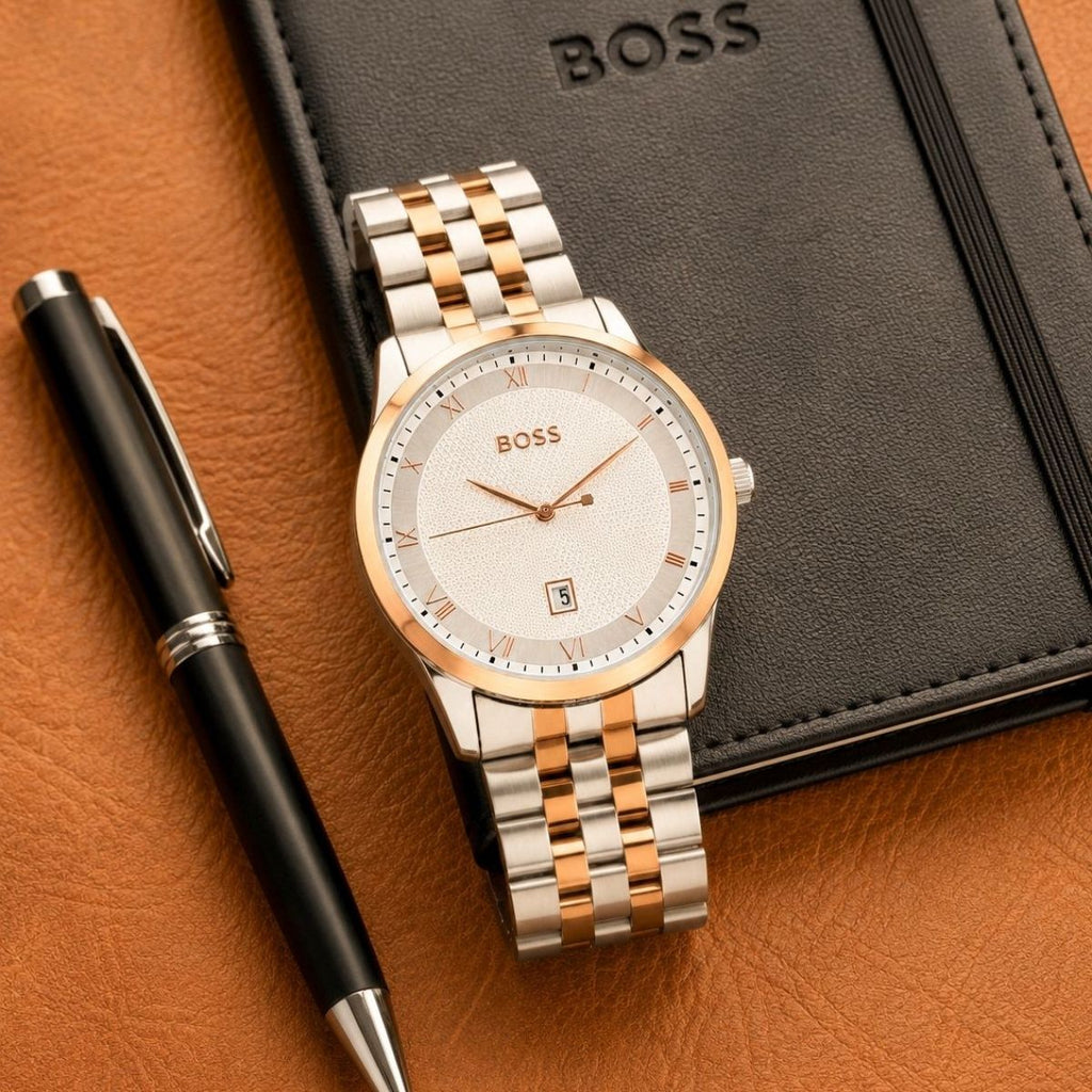 Hugo Bo_ss Men's White Dial Two-Tone Stainless Steel Date Watch