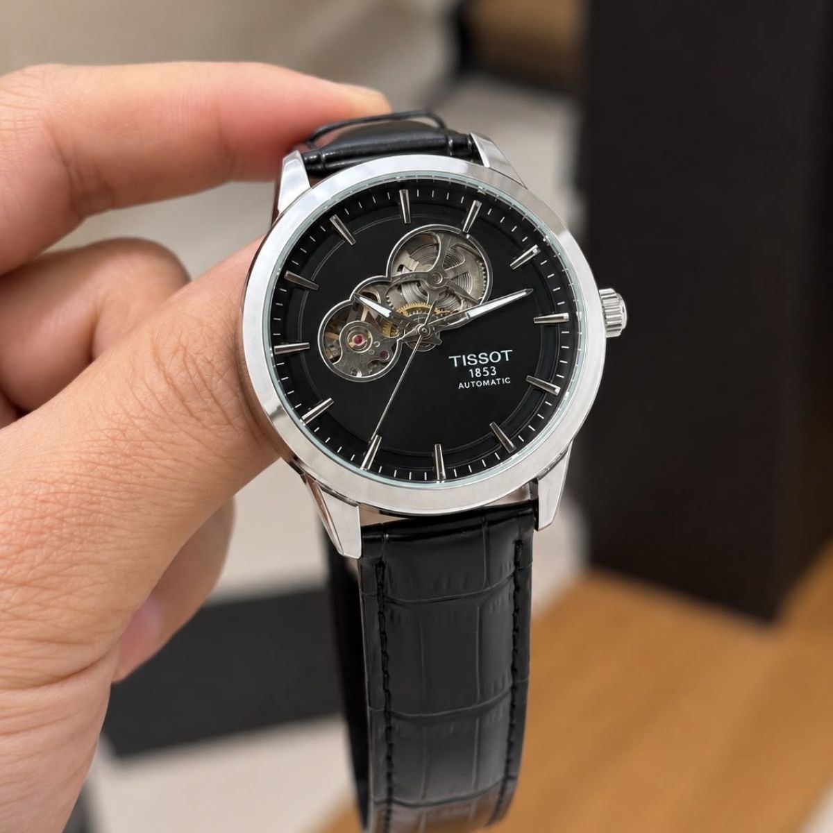 Tis_sot Powermatic Men's Automatic Black Dial Open Heart Leather Strap Watch