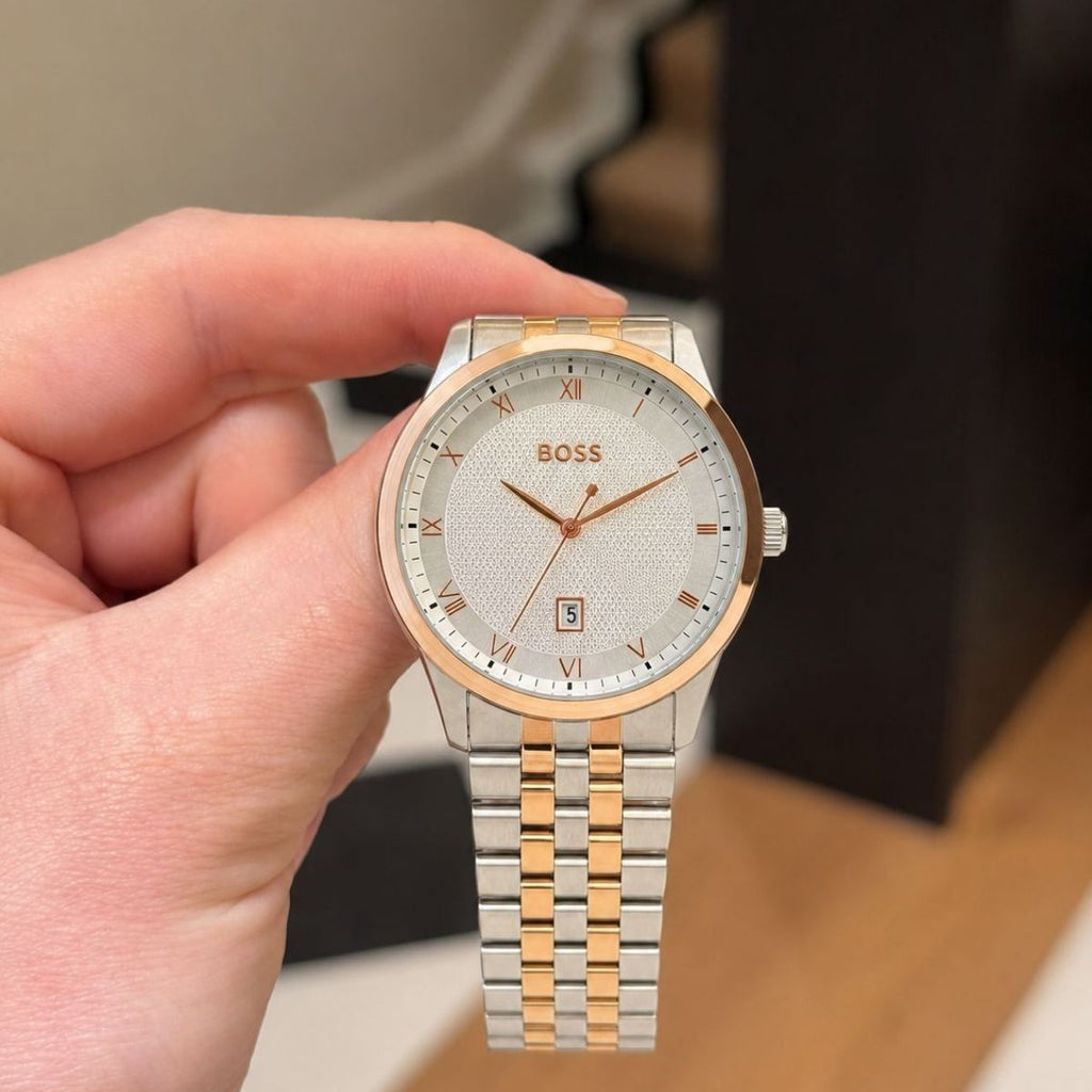 Hugo Bo_ss Men's White Dial Two-Tone Stainless Steel Date Watch