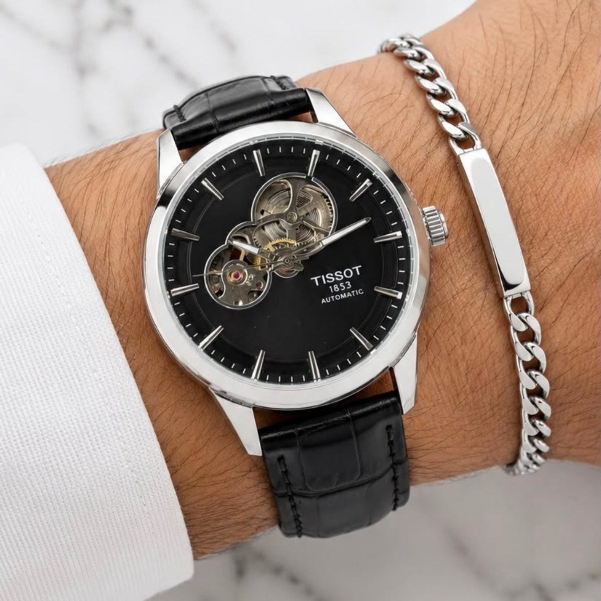 Tis_sot Powermatic Men's Automatic Black Dial Open Heart Leather Strap Watch