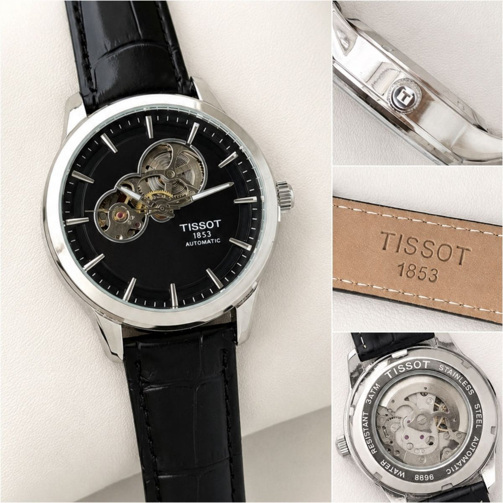 Tis_sot Powermatic Men's Automatic Black Dial Open Heart Leather Strap Watch