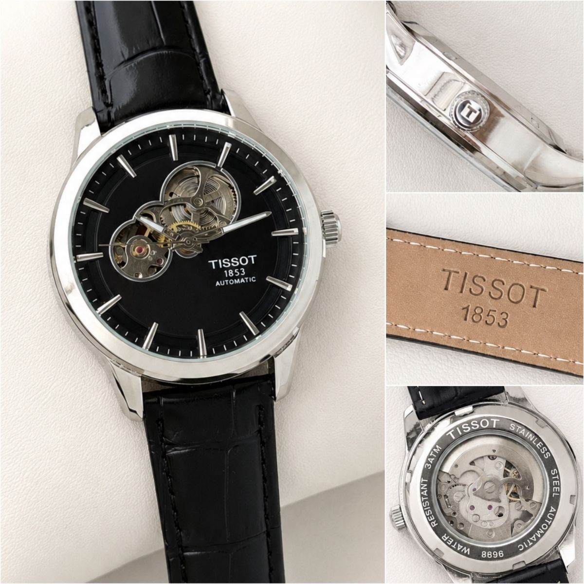 Tis_sot Powermatic Men's Automatic Black Dial Open Heart Leather Strap Watch