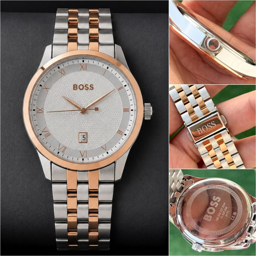 Hugo Bo_ss Men's White Dial Two-Tone Stainless Steel Date Watch