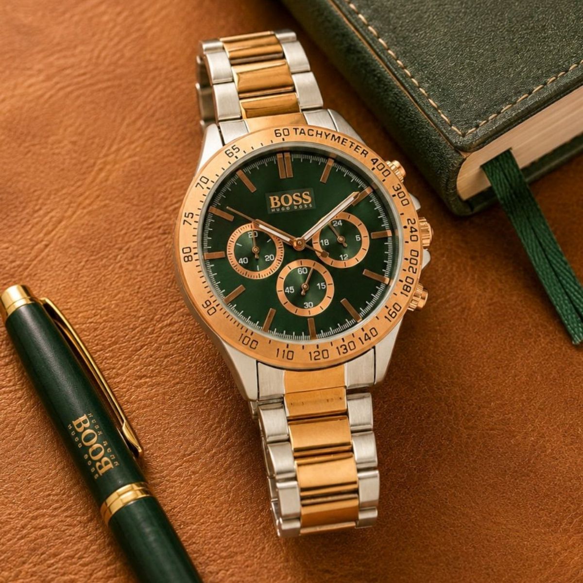 Hugo Bo_ss Men's Green Dial Two-Tone Chronograph Tachymeter Watch
