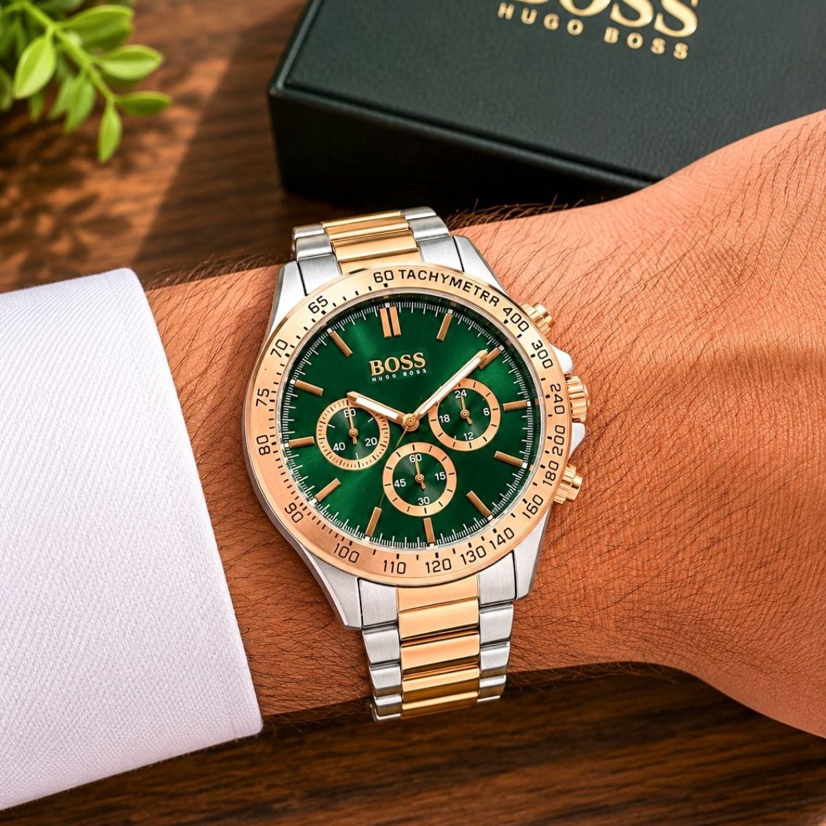 Hugo Bo_ss Men's Green Dial Two-Tone Chronograph Tachymeter Watch