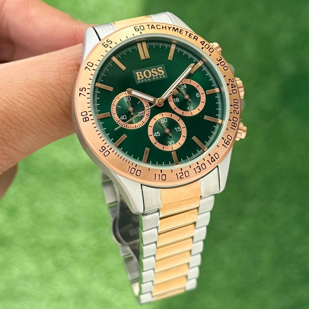Hugo Bo_ss Men's Green Dial Two-Tone Chronograph Tachymeter Watch