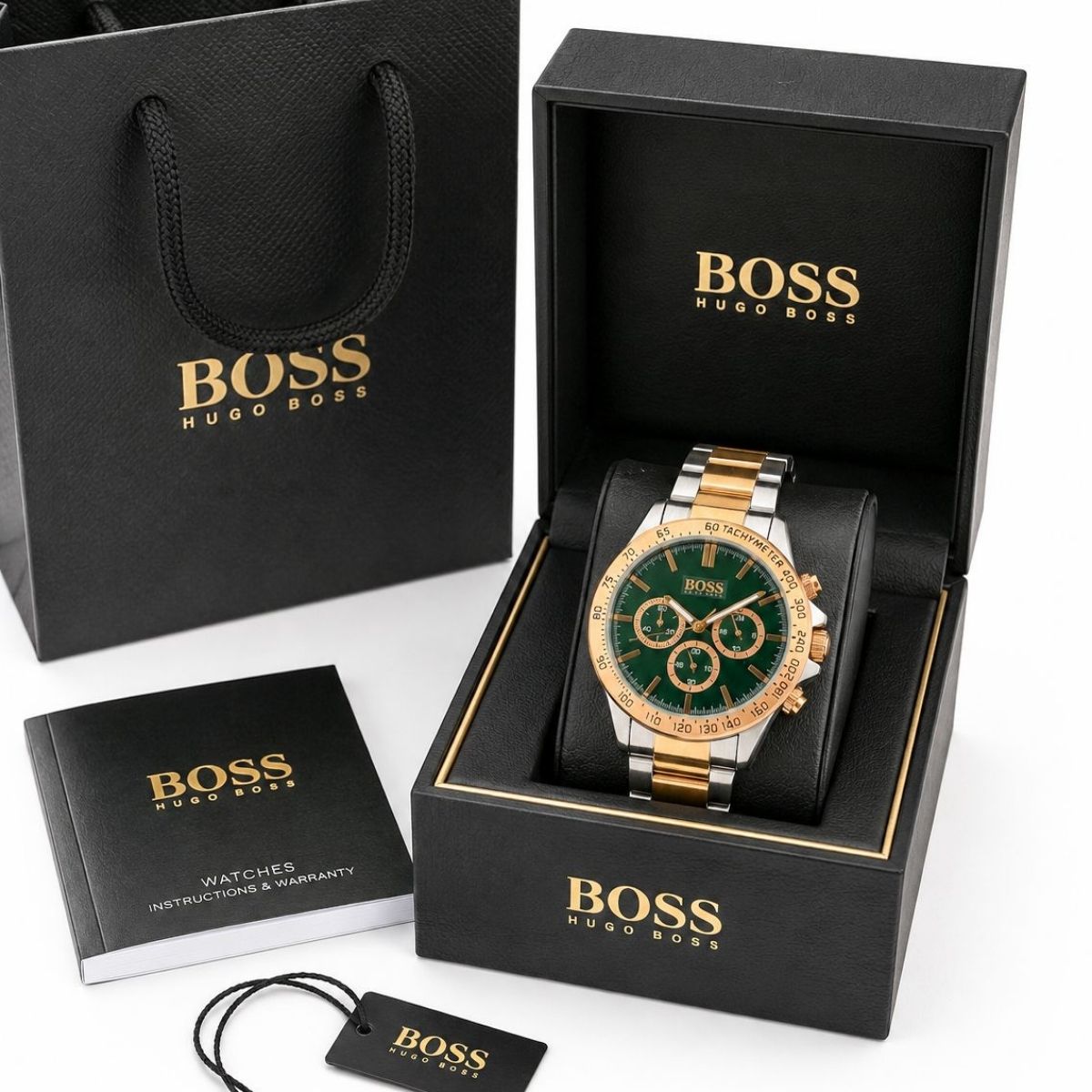 Hugo Bo_ss Men's Green Dial Two-Tone Chronograph Tachymeter Watch