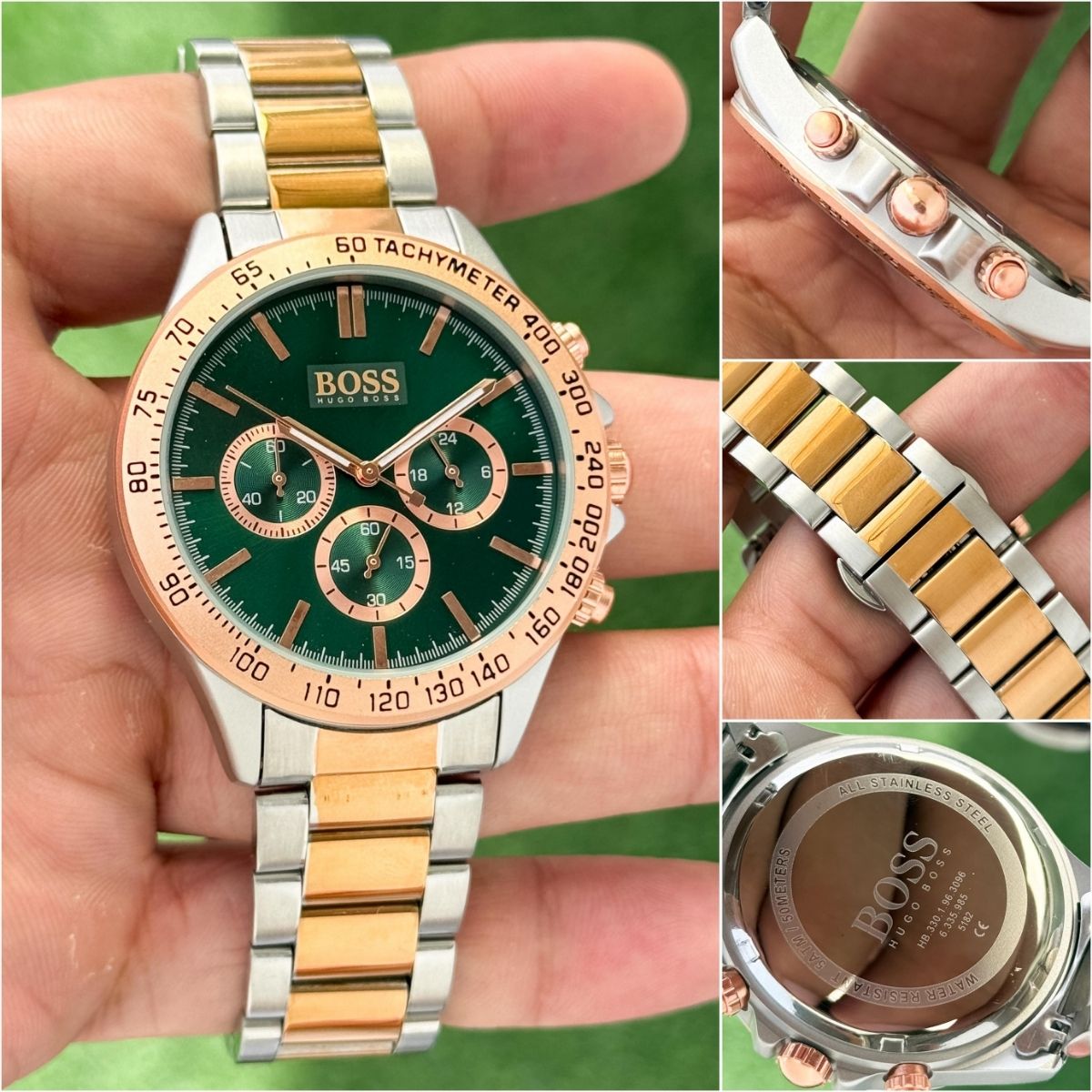 Hugo Bo_ss Men's Green Dial Two-Tone Chronograph Tachymeter Watch