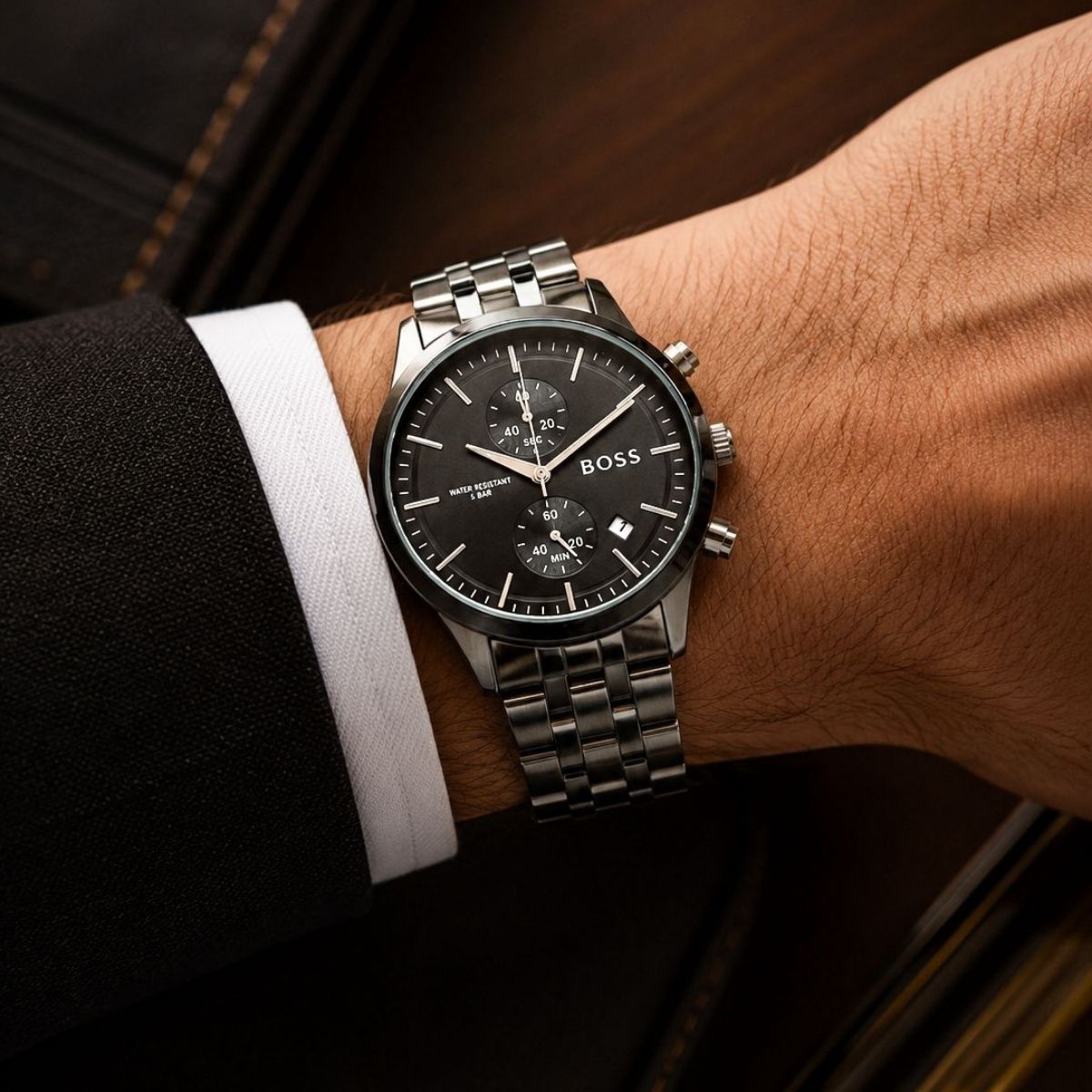 BO_SS Men's Black Dial Stainless Steel Chronograph Date Watch