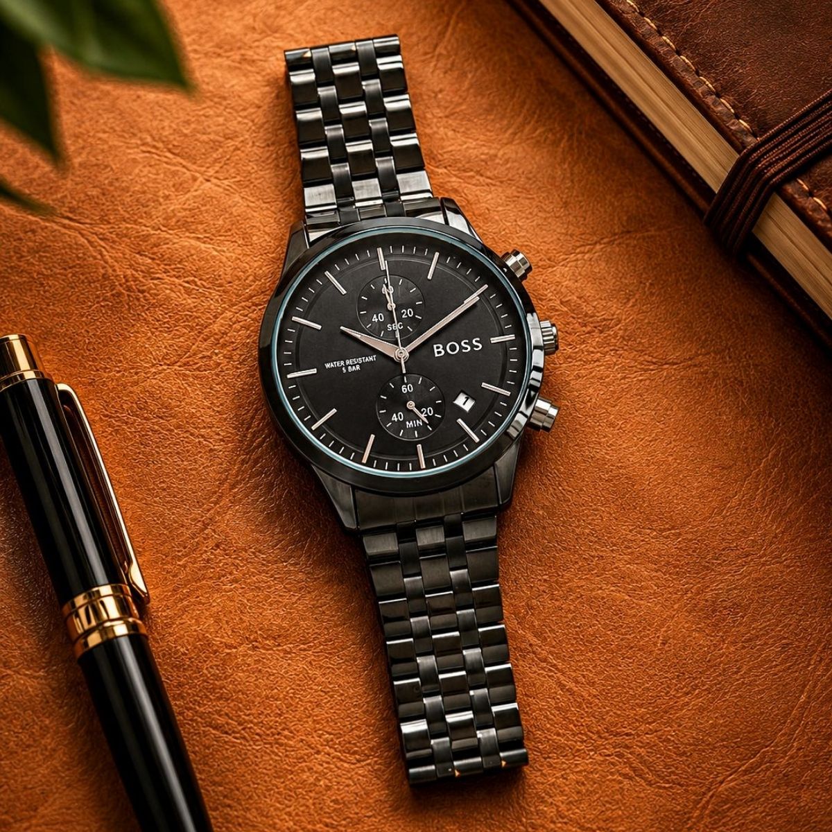 BO_SS Men's Black Dial Stainless Steel Chronograph Date Watch