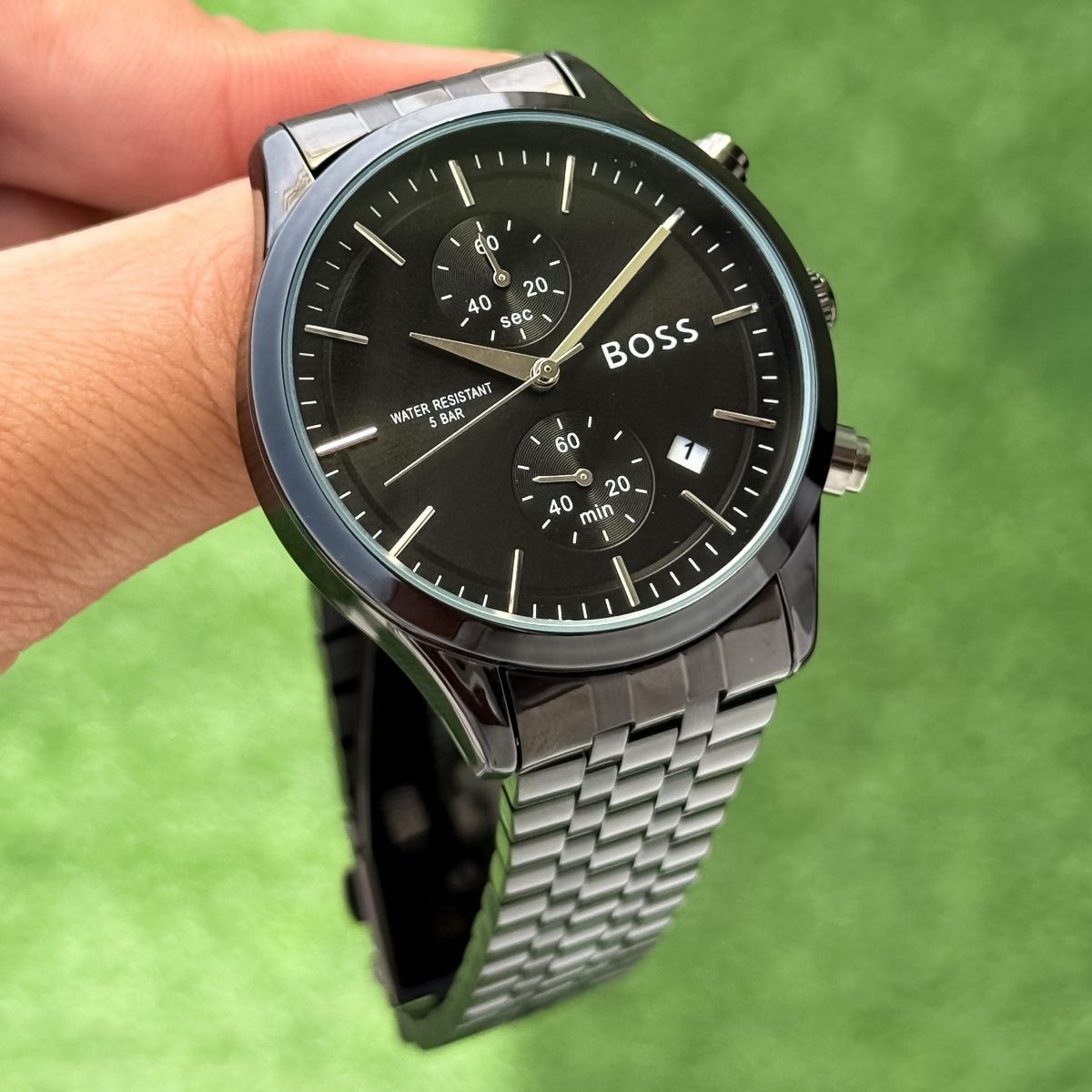 BO_SS Men's Black Dial Stainless Steel Chronograph Date Watch