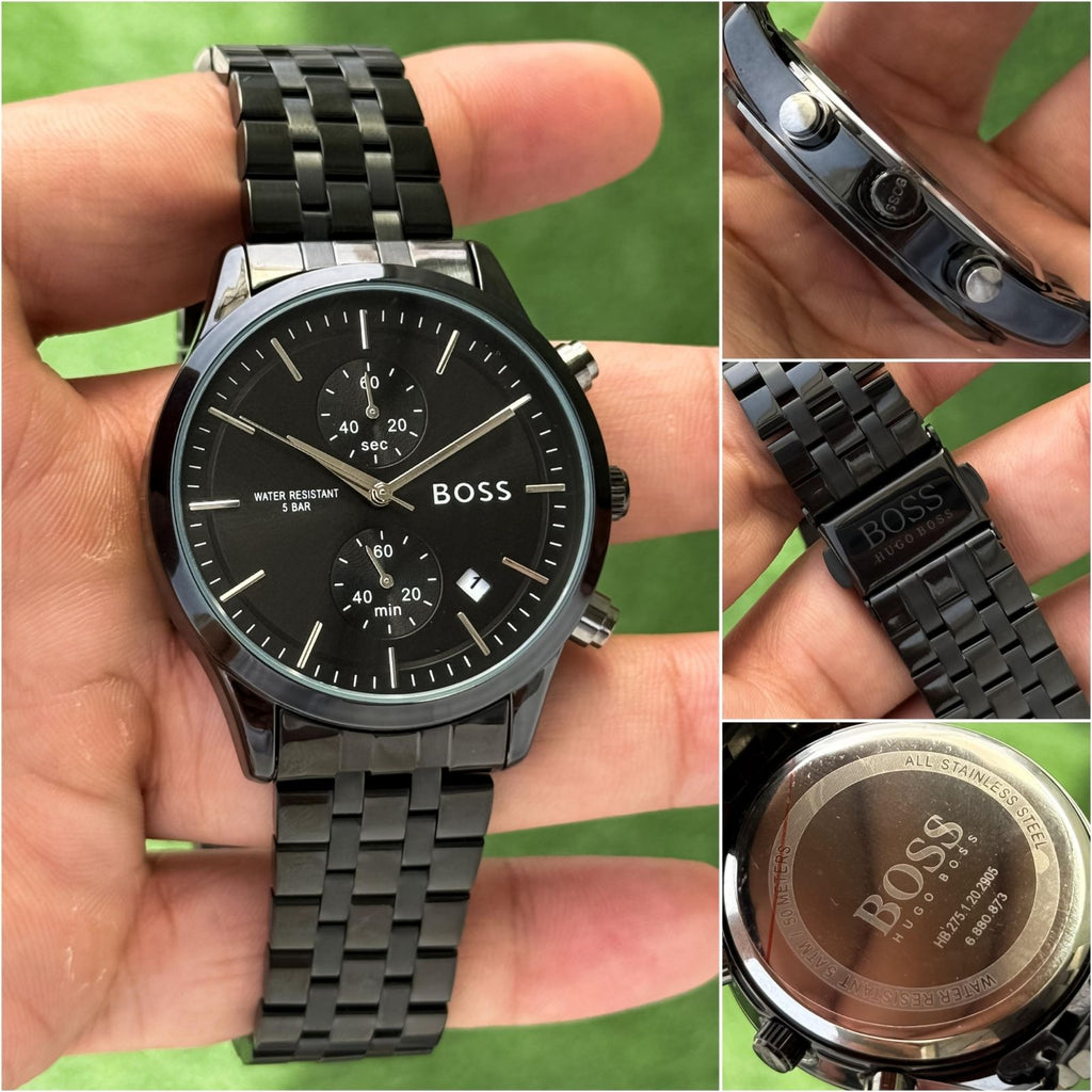 BO_SS Men's Black Dial Stainless Steel Chronograph Date Watch
