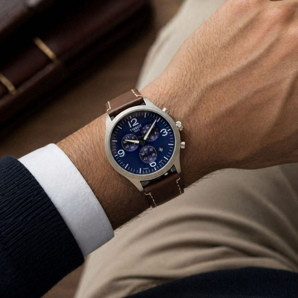 Tis_sot Men's T-Sport Chronograph Blue Dial Brown Leather Strap Watch