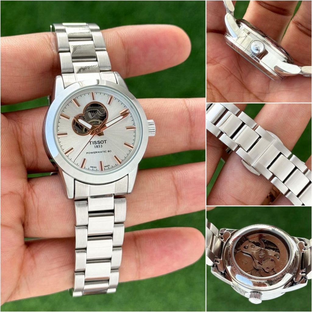 Tis_sot women Powermatic 80 Girls Silver Open Heart Automatic Watch