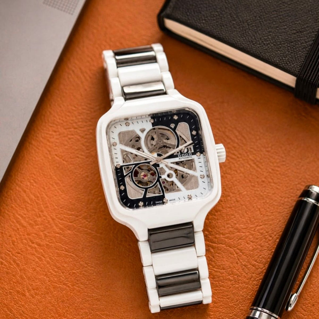 Ra_do Men's Automatic Open Heart Black & White Ceramic Stainless Steel Watch