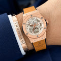 Hub_lot Big Bang Men's Rose Gold Skeleton Dial Tan Leather Strap Watch