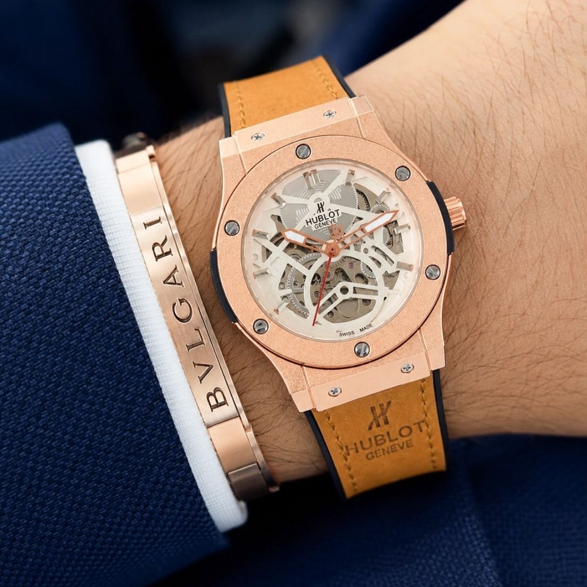 Hub_lot Big Bang Men's Rose Gold Skeleton Dial Tan Leather Strap Watch