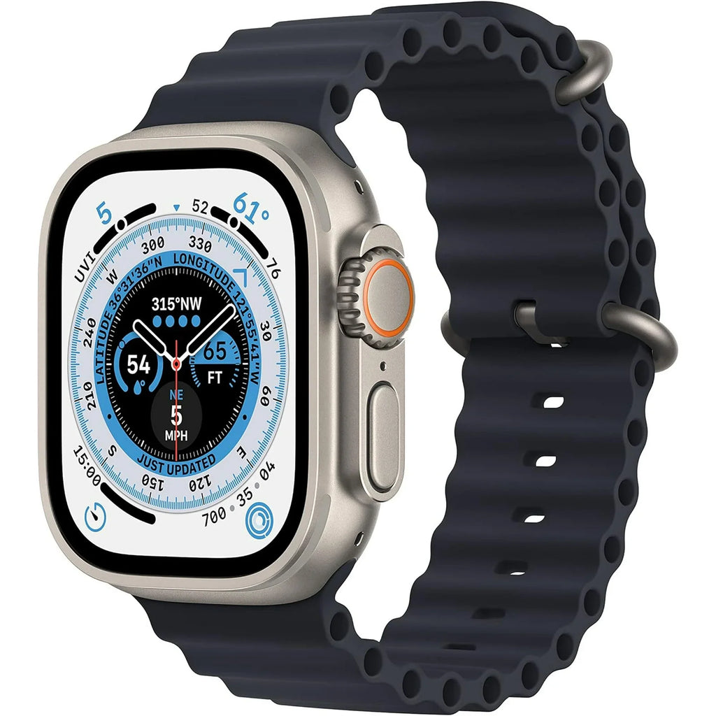 Apple Watch Ultra (GPS + Cellular, 49 mm) Titanium Case with Midnight Ocean Band, Bundle 6 Bonus Bands, Charging Stand, & 2 amp charger