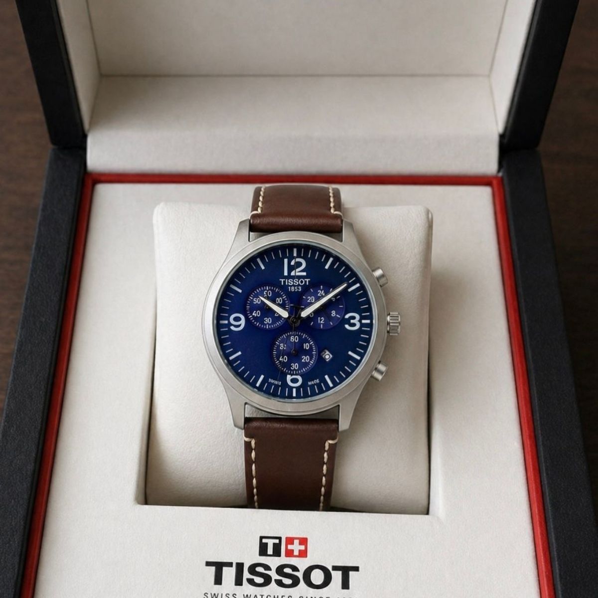 Tis_sot Men's T-Sport Chronograph Blue Dial Brown Leather Strap Watch