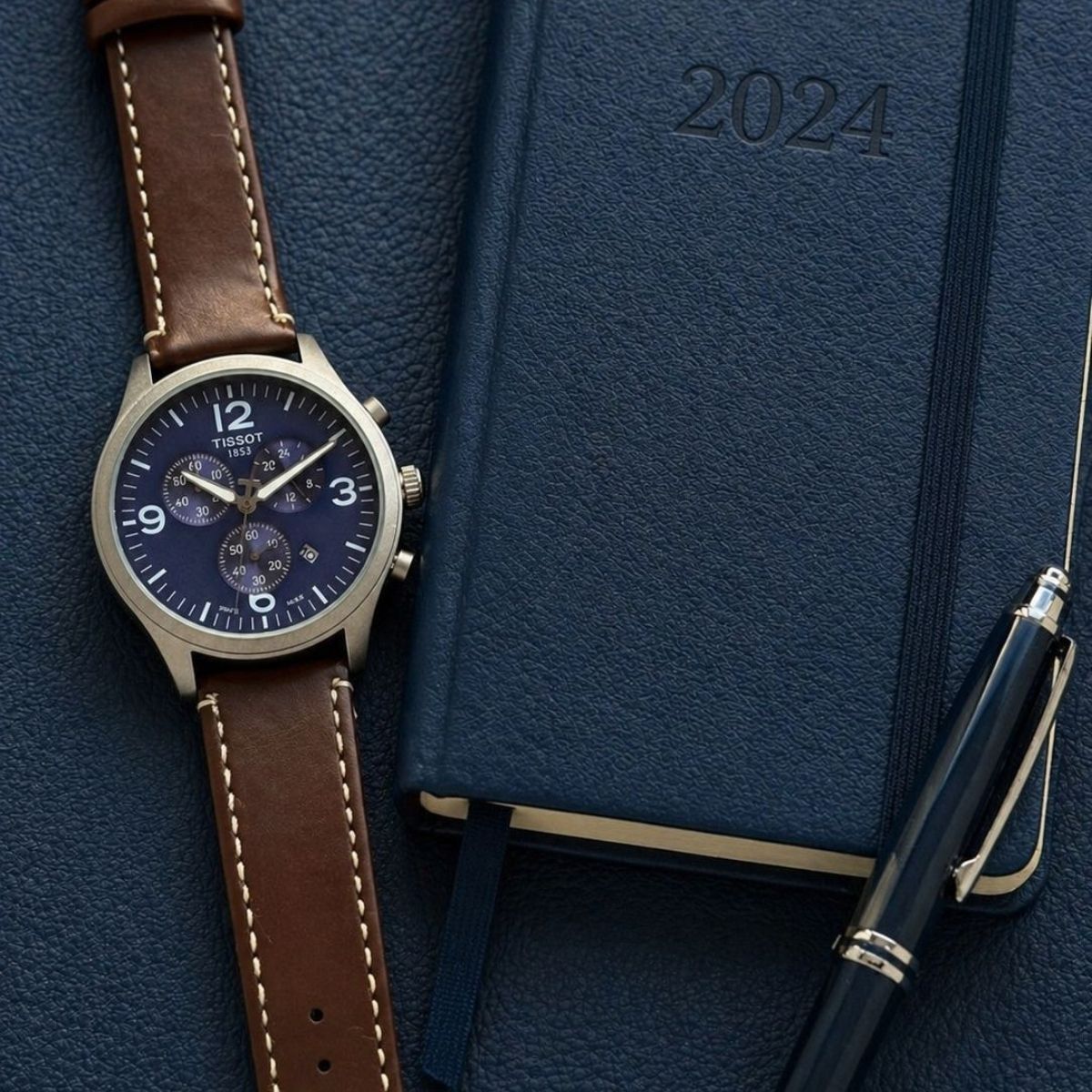 Tis_sot Men's T-Sport Chronograph Blue Dial Brown Leather Strap Watch
