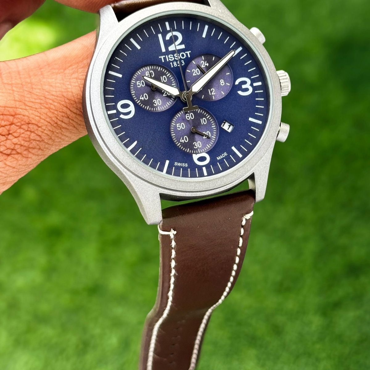 Tis_sot Men's T-Sport Chronograph Blue Dial Brown Leather Strap Watch