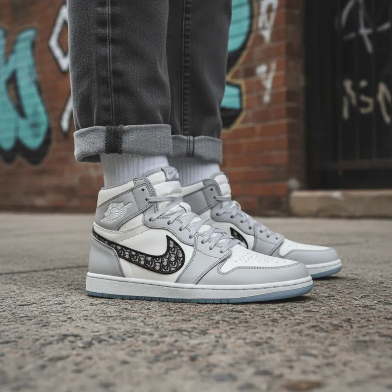 Dior x Jor_dan Air Jor_dan 1 High Og 'White Wolf Grey' High-Top Vintage Basketball Sneakers Unisex White Grey
