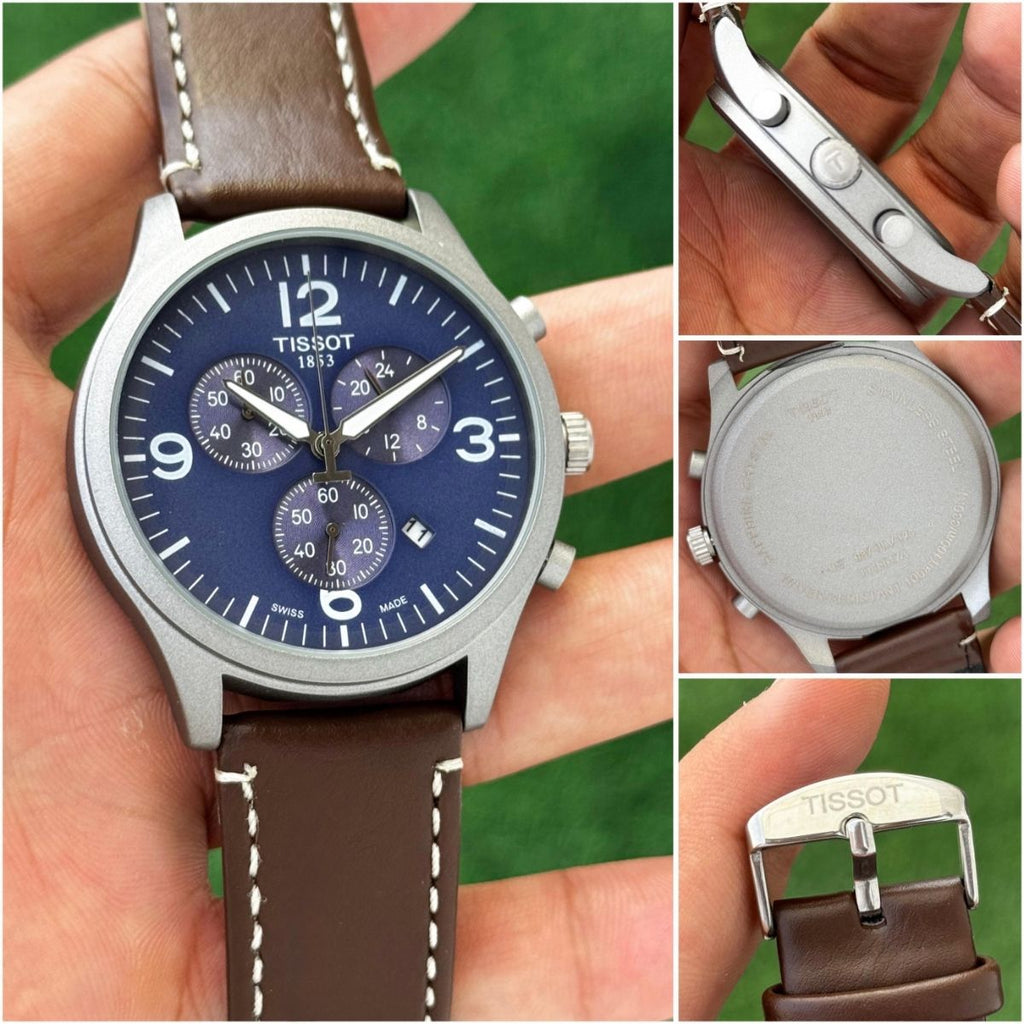 Tis_sot Men's T-Sport Chronograph Blue Dial Brown Leather Strap Watch